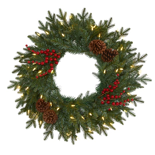 24" LED Green Pine Christmas Wreath with Berries & Pinecones